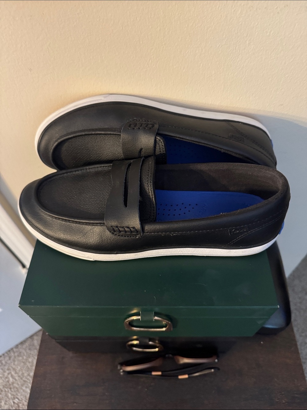 Keds Black Leather-Look Slip-On Loafers with Blue Insole